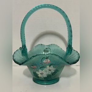 Fenton Windflower 1994 Family Signature #1193 Carnival Teal Ribbed Basket